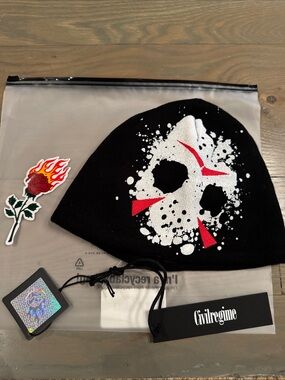 Civil Regime Friday The 13th Black Beanie with White Skull & Red Accent Graphic